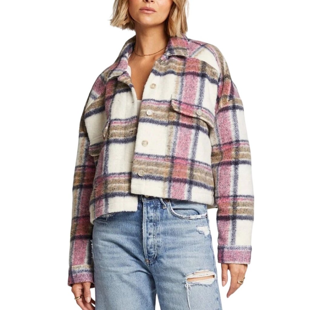 Saltwater Luxe Una Jacket Plaid Cropped Cream Multi Hot Pink Pockets Size Xs